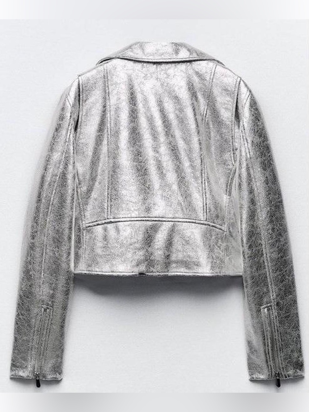 ❤️ Zara Women's Shiny Silver Metallic Distressed Faux Leather Moto Jacket XS - Picture 3 of 8